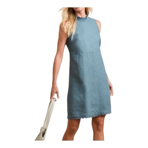 Garnet Hill Scalloped Edge Linen Dress Size 14 Seafoam Teal Sleeveless Collared - Picture 1 of 11
